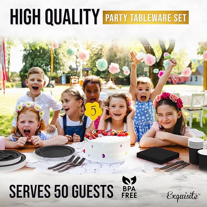 Exquisite 350 Pcs Black Paper Plates For Party, Black Disposable Plates Set, 50 Of Each 9" Dinner Plate Set, 7" Dessert Plate, Cups, Napkins & Cutlery Paper Dinnerware