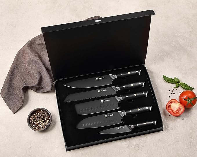 Wakoli Titanium Noir Knife Block Set ??5-Piece Chef Knife Set with Magnetic Acacia Block | 5Cr15MoV Stainless Steel Blades with Black Titanium Coating | Ergonomic G10 Handles | Kitchen Knives Gift Set