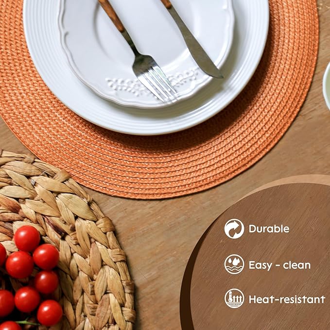 FunWheat Round Braided Placemats Set of 8 Place Mats for Dining Tables Woven Washable Non-Slip Table mats Small 13 inch(S Dark Orange, 8pcs)