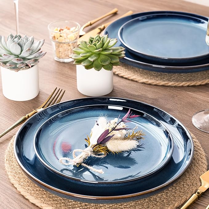 GBHOME Ceramic Dinnerware Sets for 4, 12 Pieces Stoneware Plates and Bowls Sets, Scratch Resistant Dishes, Dishwasher & Microwave Safe, Reactive Glaze-Deep Sea