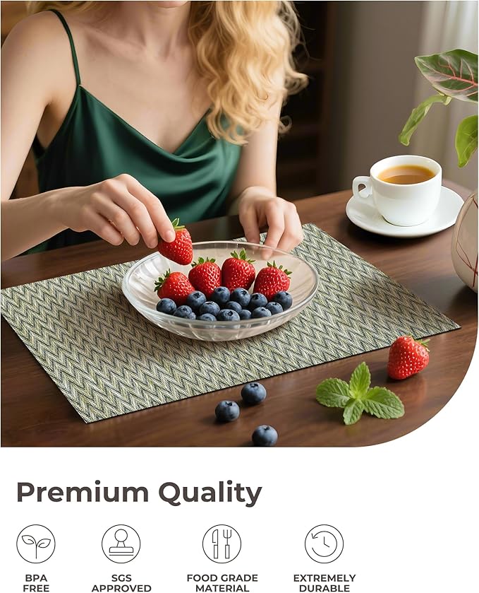 Leetaltree Green Placemats Set of 12 - Heat Resistant Non-Slip Place mats for Dining Table, Washable Durable PVC Vinyl Woven Table Mats（Green Zigzag, 12）