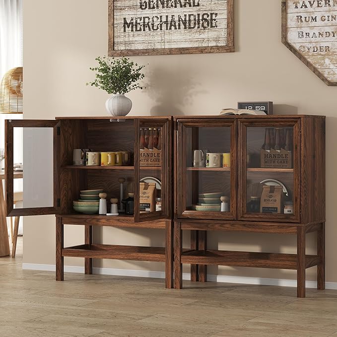 Sideboard Buffet Cabinet with Storage Set of 2, Small Kitchen Coffee Wine Bar Cabinet with Glass Doors, Wood Mid Century Modern Side Board Table for Dining Room, Living Room