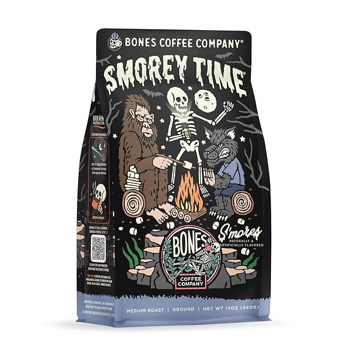 Bones Coffee Company S'morey Time, S'mores and Graham Crackers Flavored Coffee, Medium Roast Low Acid Arabica Beans Compatible with Auto drip and French Press Coffee Maker, 12 Oz Ground