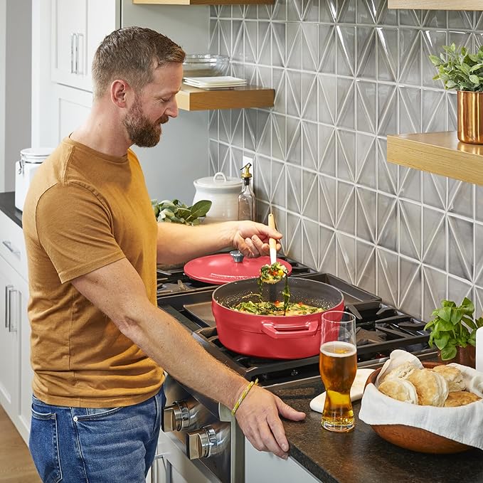 All American 1930 - Dutch Oven - The Saucier Set, Tomato Red - 5.5qt Capacity - Perfect for Sauces, Soups & Simmering - Non Stick & PFAS Free - Made in the USA