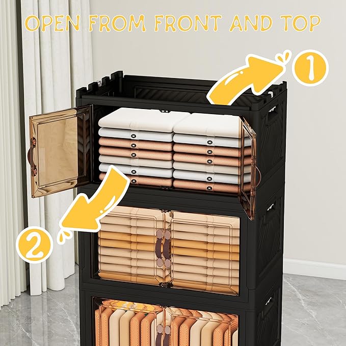 Storage Bins with 2 Lids and Wheels, 660QT-110QT*6Tier Collapsible Bathroom Storage Cabinet with Clear Doors, Plastic Stackable Closet Organizers and Containers Black