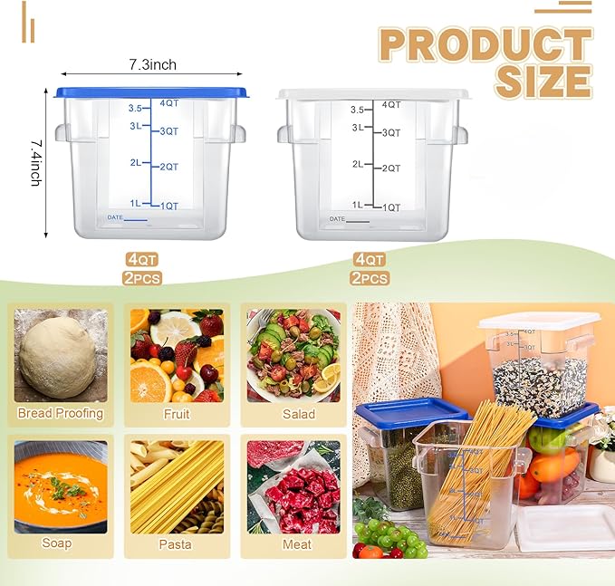 Maxcheck 4 Pcs 4qt Food Storage Container with Lids Bulk Clear Commercial Food Storage Bins with Scale Handle Space Saving Restaurant Tubs for Kitchen Prep Proof Dough Marinating Meat(White, Blue)