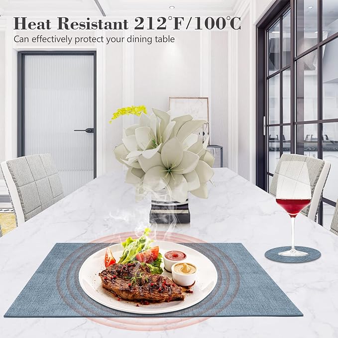 JUCCWARM Faux Leather Placemats Set of 6,Heat Resistant Placemats for Dining Table, Easy Clean Non-Slip Place Mats, Waterproof Stain Resistant Wipeable Washable PU Table Mats, (Blue)