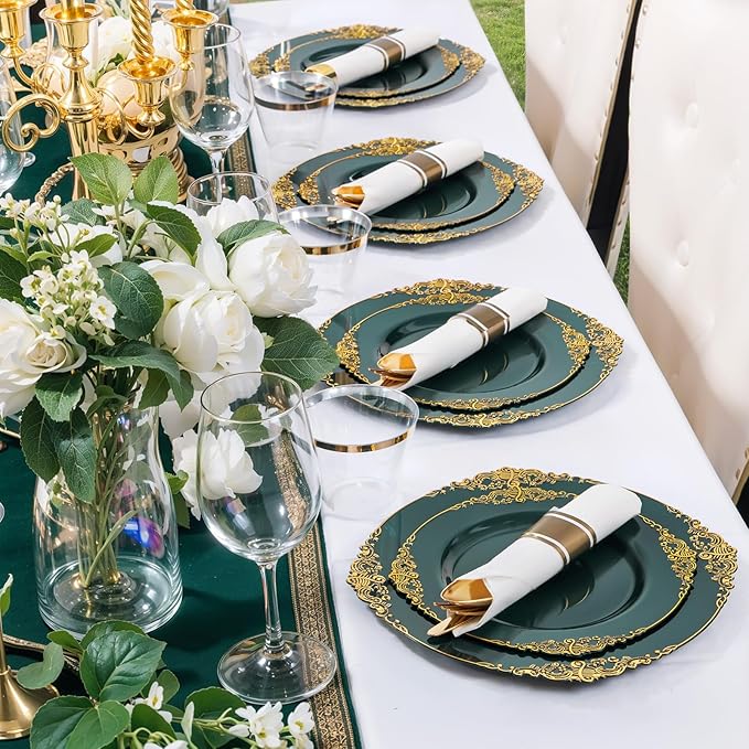 Nervure 175PCS Green Plastic Plates - Disposable Green Gold Party Plates & Pre Rolled Napkins with Cutlery for 25 Guests, 50Plates, 75Silverware, 25Cups, 25Napkin for Wedding & Party