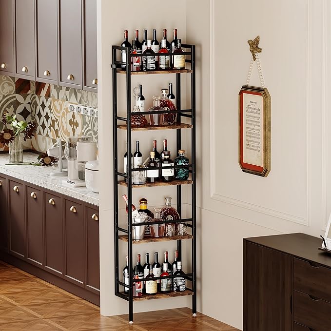 Homeiju 5-Tier Freestanding Wine Rack, 60 Bottles Wine Racks for Wall Mounted, Wines Bottle Holder Display Shelf with Fences, Liquor Storage for Kitchen, Dining Room, Bar (Rustic Brown)