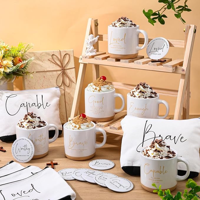 36 Pcs Inspirational Christian Gift for Women Bulk 13 oz Ceramics Bible Verse Coffee Mugs Religious Makeup Bags Compact Mirrors Church Gift for Mom Wife Godmother Teacher(White)