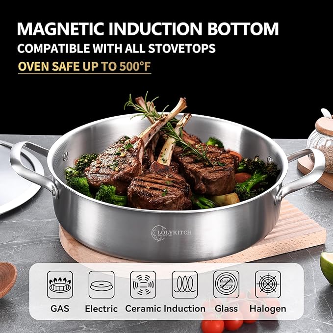 LOLYKITCH 12 Inch Tri-ply Stainless Steel 5.5 QT Saut챕 Pan and 8-10 Inch Frying Pan Set of 3,Induction Cookware,Dishwasher and Oven Safe.