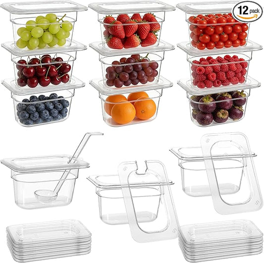 12 Pack Plastic Clear Food Pans with Lids, 1/9 Size 4'' Deep Commercial Stackable Polycarbonate Pans Hotel Food Storage Pan with 1 Pcs Spoon for Fruits Vegetables