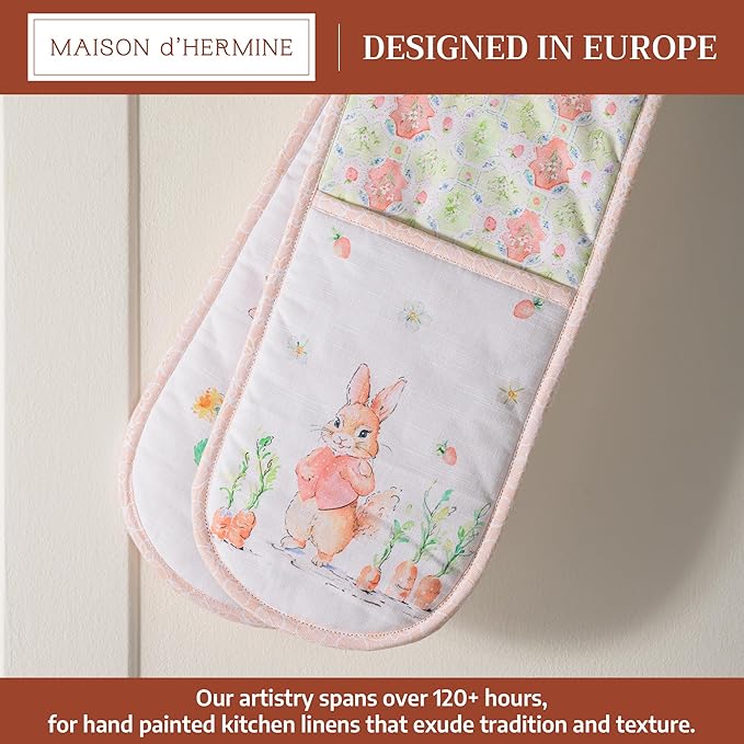 Maison d' Hermine Double Oven Mitts 100% Cotton 7"x35" Double Oven Mitt Heat Resistant BBQ Cooking Gloves with Loop, Baking, Grilling, Home, Kitchen, Handling Hot Pans Spring Summer (Bunny Party)