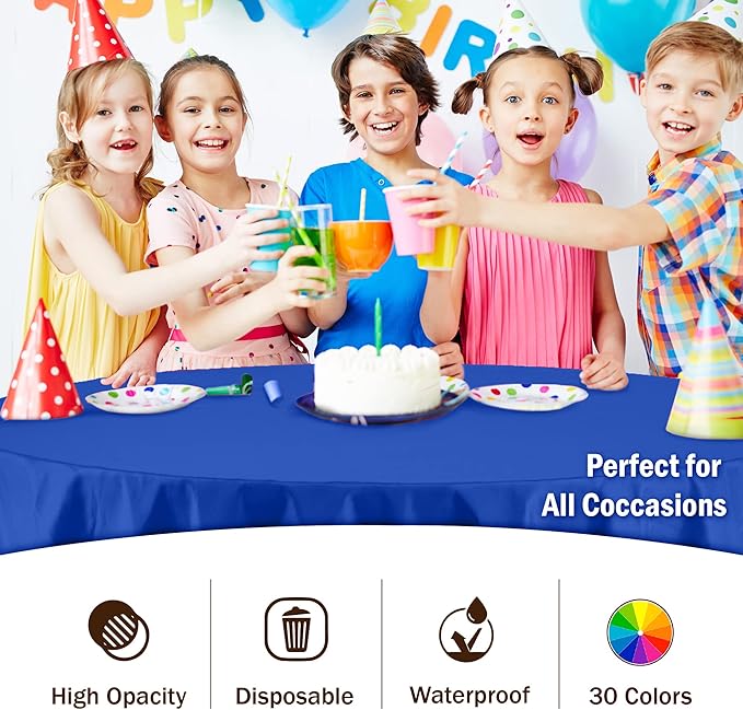 Party Solids 6-Pack Premium Plastic Tablecloth 84in. Round Plastic Table Cover - Dark Blue