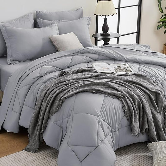 HEVUMYI Light Grey 120x98 Oversized King Comforter Set - 7-Piece All Season Bed in a Bag Oversized King, Ultra Soft Bedding Set with Comforter, Flat Sheet, Fitted Sheet, Pillowcases, Pillow Shams