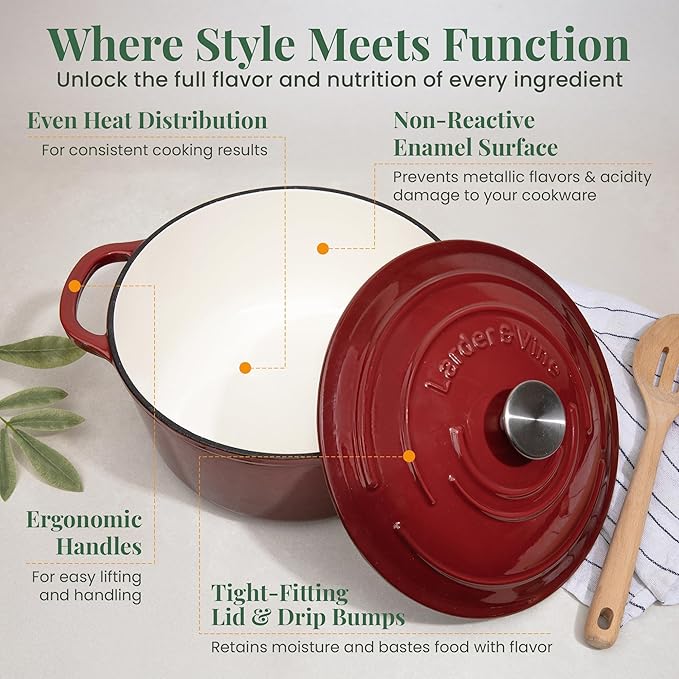 Larder & Vine Enameled Cast Iron Dutch Oven Pot with Lid | Bread Baking | Compatible on All Cooktops & Oven Safe to 500째 F | Great for Sourdough Bread | Cabernet