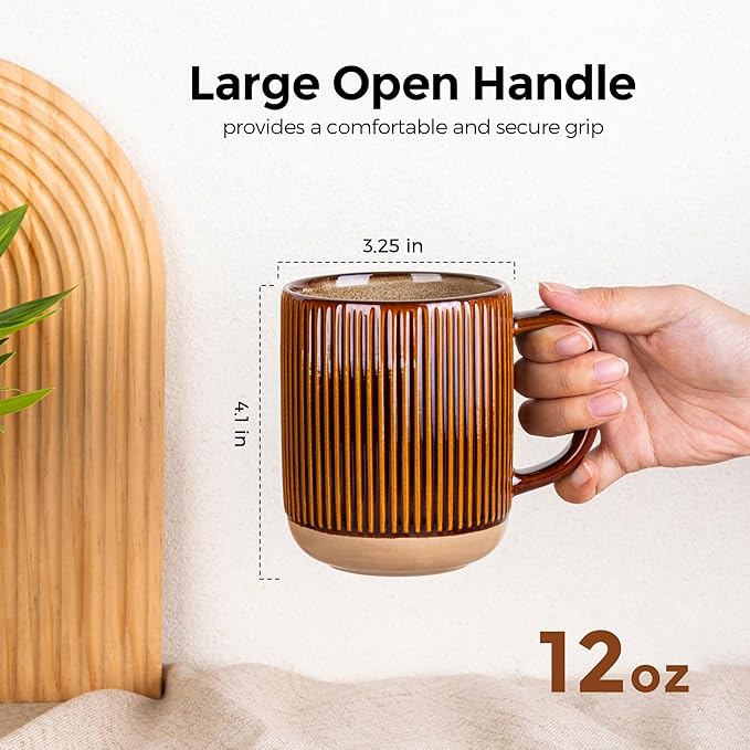 GBhome Large Coffee Mugs Set of 4, 12oz Handmade Stoneware Coffee Mugs Set with Large Handle for Cappuccino/Latte/Tea/Hot Cocoa, Dishwasher & Microwave Safe, Caramel