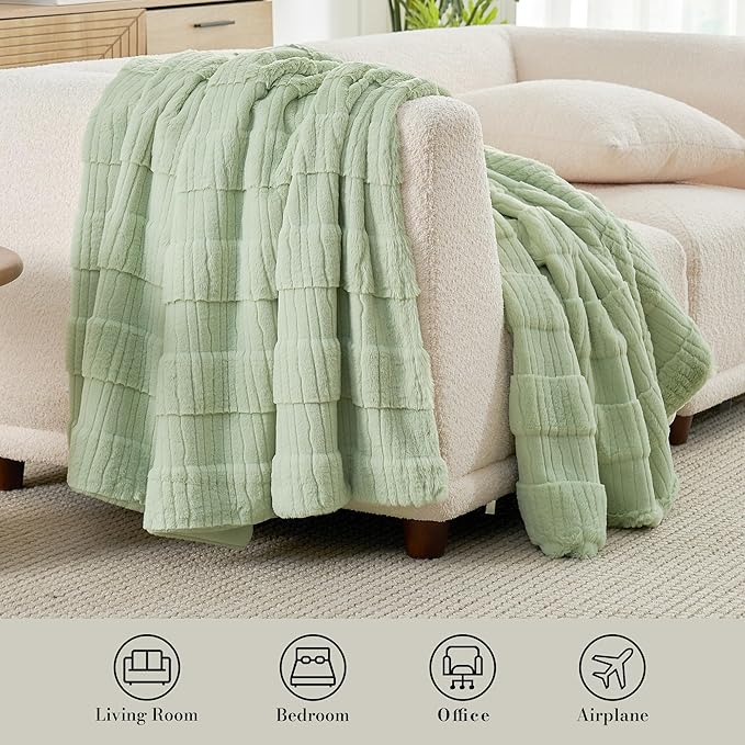 Am챕lie Home Luxury Striped Faux Fur Throw Blanket for Couch, Soft Cozy Fuzzy Fluffy Soft Plush Blankets Sofa Chair Gift Blankets for Women, 60"x80", Sage Green