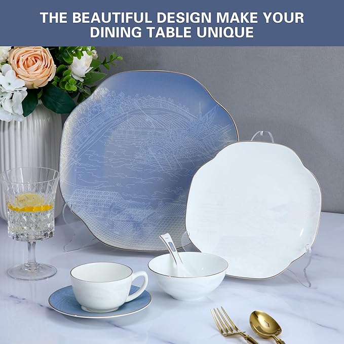Blue 24 Piece Porcelain Dinnerware Set,Bone china for 4, Plates and Bowls Sets With Beautiful Pattern, Highly Chip and Crack Resistant | Dishwasher Safe Dishes Set (Deep Blue + Pattern)