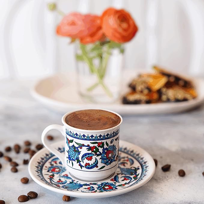 Turkish Coffee Cup Set of 6 with Saucers & Holder ??Ceramic, Dishwasher-Safe, Keeps Warm ??Patterned Turkish Espresso Cups Set for Home & Office (Set Of 6)