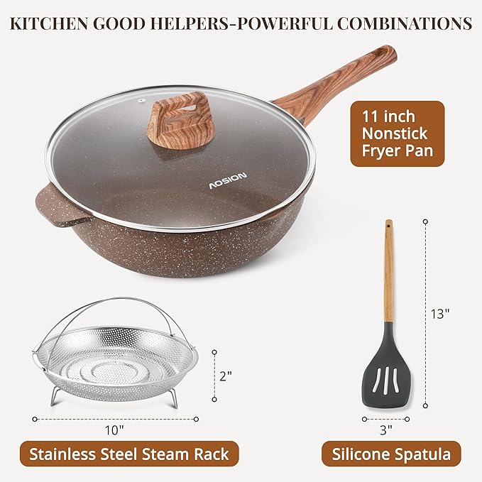 AOSION 11 Inch Nonstick Ceramic Deep Frying Pan Skille with Lid,5QT Saut챕 Pan for Cooking with Steam Rack,Healthy Large Skillet,Stay Cool Handle, Induction Compatible, PFOA & PFAS Free. (BROWN)