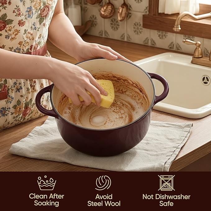 Vintage Style 6 Quart Dutch Oven Pot with Lid, Non Stick Enameled Cast Iron Dutch Oven for Bread Baking, Heavy-Duty, Oven Safe Ceramic Cookware Up to 500째F for Baking, Braising, Stews, Roasting, Fig