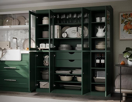Palace Imports 100% Solid Wood Kitchen China Pantry Cabinet, 65" W - 4 Clear Glass & 4 Shaker Doors, Renewable Eco-Friendly Wood, Made in Brazil (Green, 8 China/Shaker Doors | 2 Drawers)
