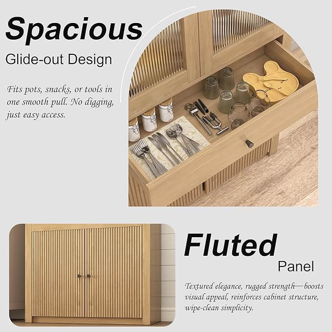 Hadulcet 71" Tall Arched Kitchen Pantry Cabinet, Farmhouse Kitchen Storage Cabinet with Drawers & 4 Doors, Adjustable Shelves, Acrylic Fluted Panel, Wood Cupboard Buffet Organizer, Light Wood