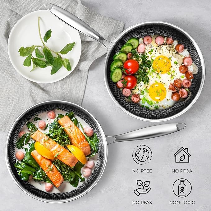10.5 inch Frying Pan Nonstick with Lid, 2.5 Qt Deep Non Stick Stainless Steel Saut챕 Pan Skillet, Dishwasher and Oven Safe, Compatible with All Cooktops
