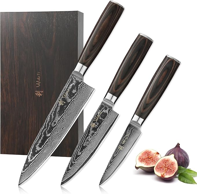 Wakoli EDIB Essentials 3-Piece Damascus Knife Set ??Professional Chef's Knives with VG10 Core & 67-Layer Damascus Steel Blades, Ergonomic Pakkawood Handles ??Premium Kitchen Knives in Elegant Gift Box