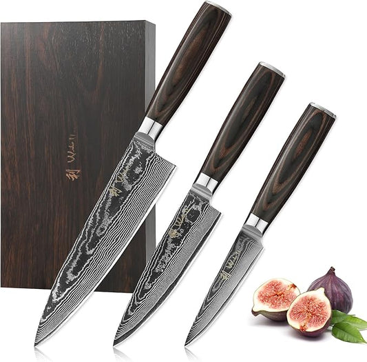 Wakoli EDIB Essentials 3-Piece Damascus Knife Set ??Professional Chef's Knives with VG10 Core & 67-Layer Damascus Steel Blades, Ergonomic Pakkawood Handles ??Premium Kitchen Knives in Elegant Gift Box