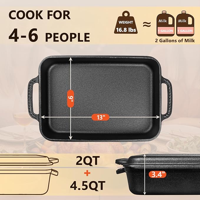 9x13" Casserole Dishes for Oven with Lids - 2-In-1 Pre-Seasoned Cast Iron Baking Dish for Lasagna, Sourdough Bread