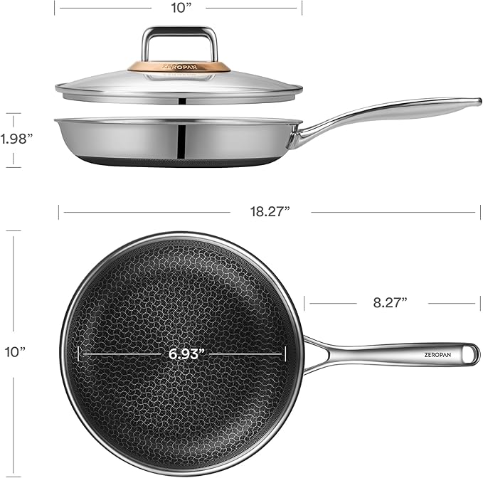 Hybrid Nonstick 10-Inch Frying Pan with Lid,Non Stick Frying Pan,PFAS PFOA PTFE Free,Stay-Cool Handle, Dishwasher-Friendly, Oven-Safe Up to 600째F, Induction Ready, Compatible with All Cooktops