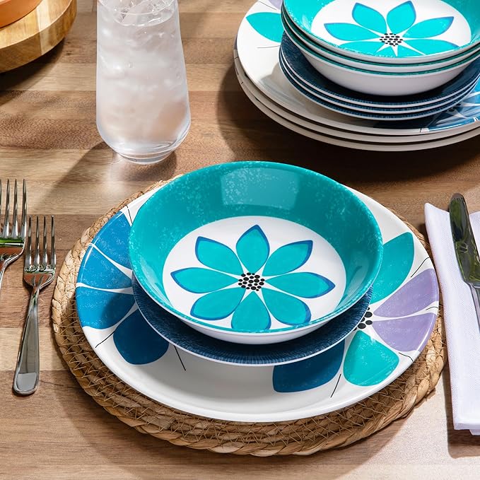 Larder & Vine 12-Piece Melamine Dinnerware Set: Durable, Lightweight, Break-Resistant Plates & Bowls ??Stylish, Non-Toxic, Dishwasher Safe ??Ideal for Everyday Use, Indoor & Outdoor Dining ??Floral