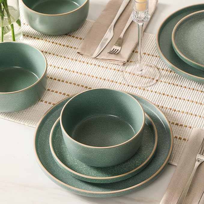 Earth & Clay Amber 24-Piece Dinnerware Set Stoneware, Dishwasher and Microwave Safe Plates and Bowls Set, Dish Set for 8, Green