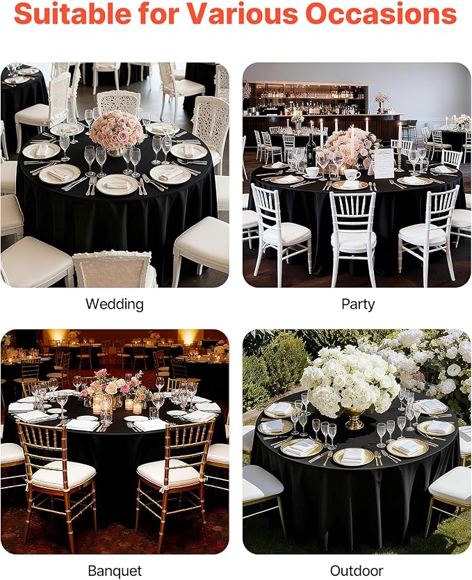 VEVOR Black Round Tablecloths 6 Pack, 120 Inches in Diameter, Stain- & Wrinkle- Resistant, Machine Washable Table Clothes, Polyester Fabric Table Covers for Wedding, Party, Banquet, Formal Events