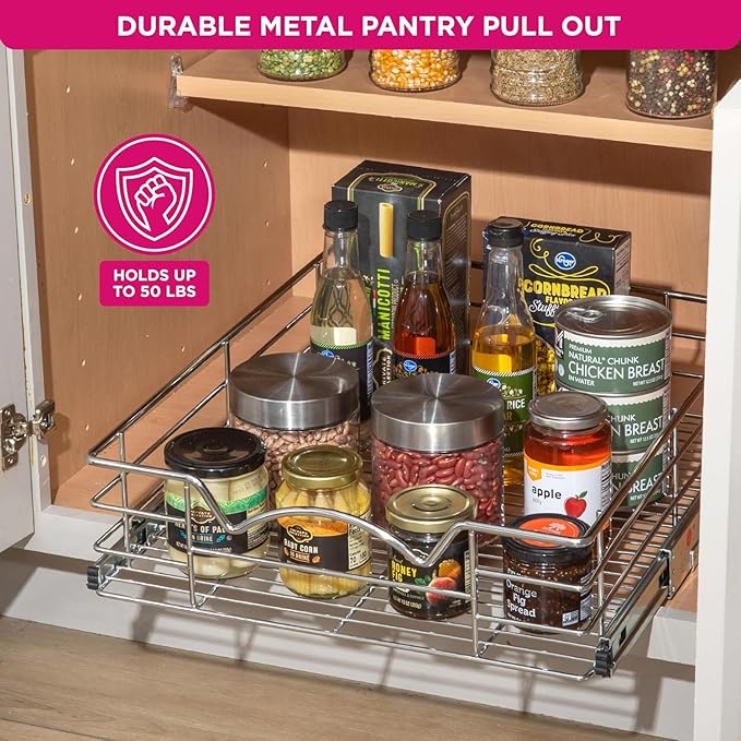 HOLDN??STORAGE Heavy-Duty Premium Collection Pull Out Cabinet Organizer, Cabinet Drawer Slide Outs, Lifetime Limited Warranty - Basket Size 14" W x 21" D x 5" H, Anti-Rust Chrome Finish | Heavy-Duty, Premium Collection, Slide Out Caddy, Anti-Rust