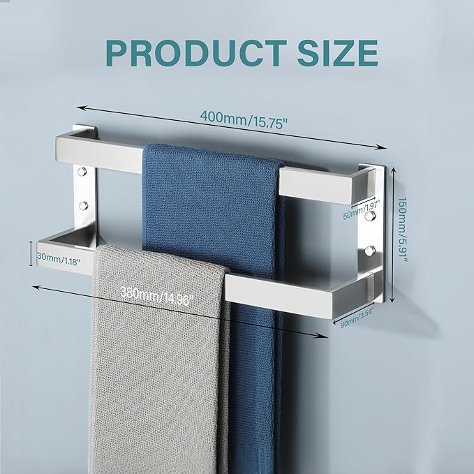 Alise Double Towel Bar, Brushed Nickel Towel Racks for Bathroom Wall Mounted, Stainless Steel Bathroom Towel Holder, Modern Space Saving Towel Rod, 16"