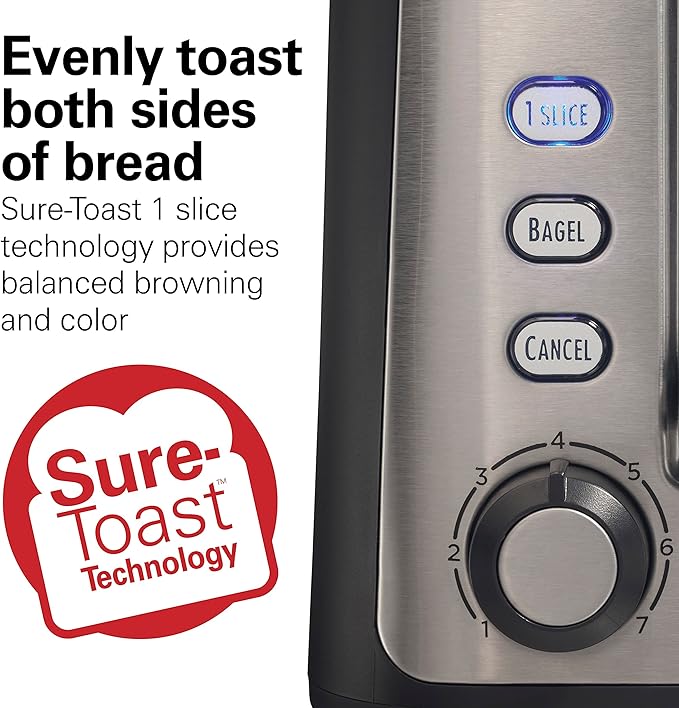 Hamilton Beach Gourmet 2 Slice Slot Toaster with Extra Long & Wide Slots, Sure-Toast Technology, Shade Selector with 7 Browning Levels, Bagel Setting, Matte Black and Stainless Steel (22996)