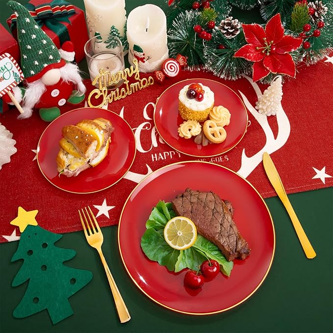 WDF 300Pcs Red Disposable Plates - Red Plastic Plates - 50guest Disposable Dinnerware Include 50 Dinner Plate, 50 Dessert Plate, 150 Cutlery & 50 9oz Cups for Valentine's Day & Parties