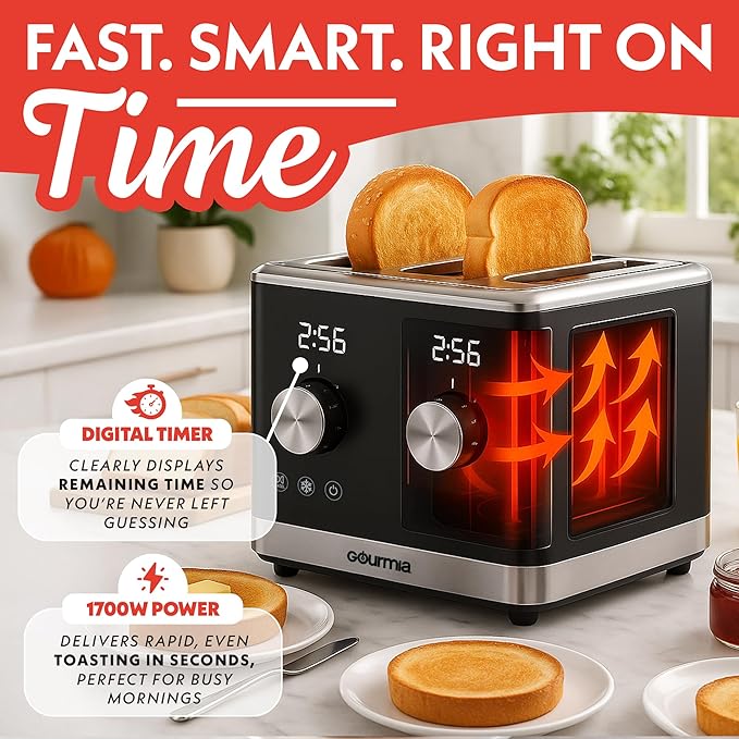 Gourmia 4 Slice Toaster, Double-Sided ??Dual Independent Controls, Bagel, Defrost & Reheat Mode, 6 Browning Levels, Extra Wide Slots, Removable Crumb Tray, Compact Design, Black