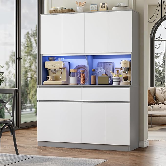 Keyluv 75" H LED Kitchen Pantry Cabinet with Doors, Large Kitchen Hutch Storage Cabinet with Drawers and Lights, Food Pantry with Microwave Stand and Coffee Bar, Adjustable Shelves, White/Gray
