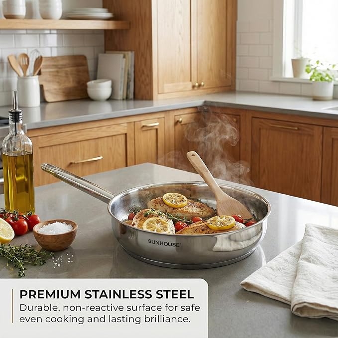 Sunhouse 8 Inch Tri-Ply Stainless Steel Frying Pan, Whole-Clad Skillet with Stay-Cool Handle, Oven Safe to 500째F, Dishwasher Safe, All Cooktop Compatible