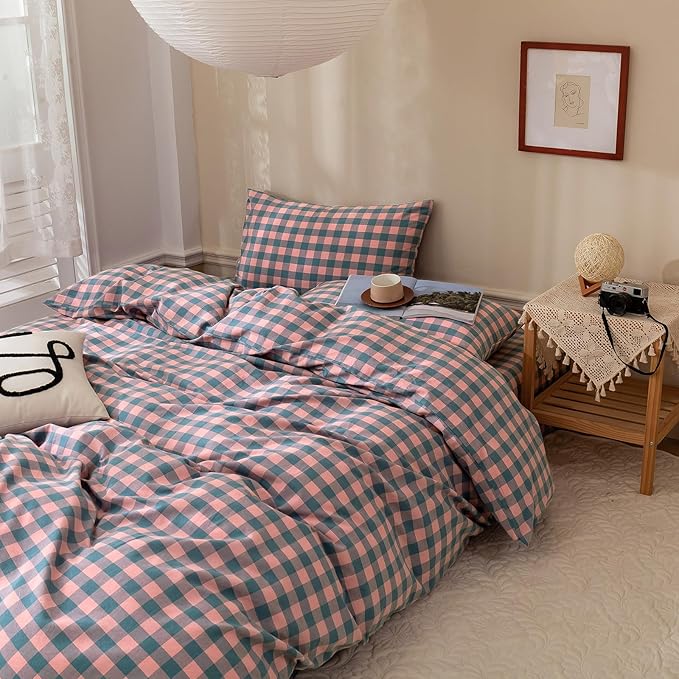 Checkered Comforter Set King Size Purple Pink Plaid Bedding Comforter Cotton Fabric with Microfiber Inner Fill Soft Fluffy Bed Set 3 Pieces Grid Bedding Checkered Pattern Comforter with 2 Pillowcases