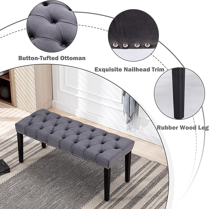 KCC Button-Tufted Ottoman Bench, Upholstered Bedroom Benches Velvet Footrest Stool Accent Bench for Entryway Dining Room Living Room Bedroom End of Bed, Dark Gray