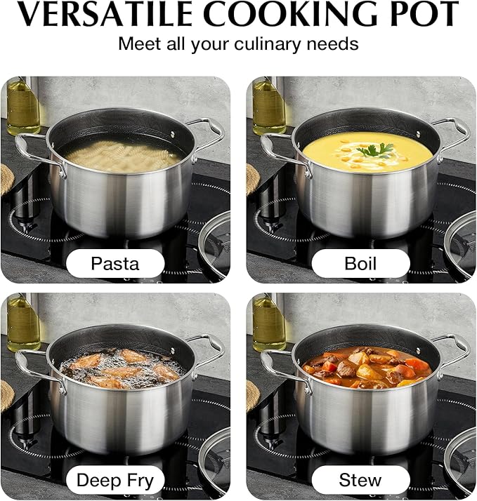 KOCH SYSTEME CS Triply Stainless Steel Pot 6 Quart, Nonstick Hybird 18/10 Stainless Steel Stock Pot with Lid, Nonstick Cooking Pots with Honeycomb Interior, Compatible with All Cooktops, Oven Safe