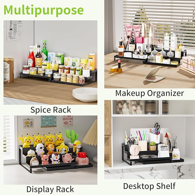 RCHYFEED Spice Rack Organizer for Cabinet, Set of 2 Metal 3 Tier Spice Rack 11.8"-22.8" Expandable Display Risers, Seasoning Organizer for Kitchen, Cabinet, Countertop, Pantry Spice Organizer