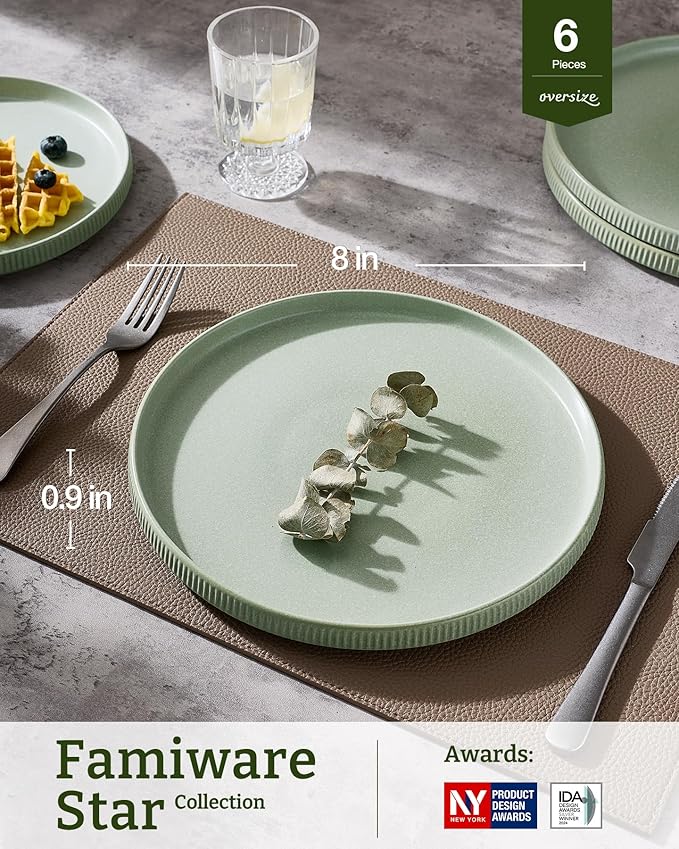 famiware Star Salad Plates for 6, 8 inches Plate Set, Stoneware Dinnerware, Small Dinner Plates for Dessert, Salad, Appetizer,Matte Green