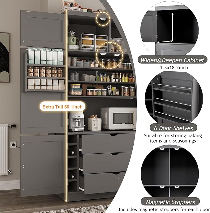 Ball & Cast 80?쿟all Freestanding Kitchen Pantry Cabinet with 2 Power Outlets & 3 Large Drawers,41" W Versatile Farmhouse Pantry Storage Cabinet w/Adjustable Shelves and Door Shelves,for Kitchen,Gray