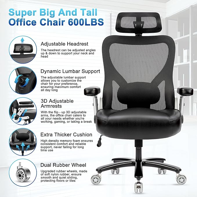 Big and Tall Office Chair 600lbs- Heavy Duty Executive Computer Chair with Rubber Wheels 3D Flip Arms, Ergonomic Mesh High Back Desk Chair, Extra Wide Seat Adjustable Lumbar Support & Headrest